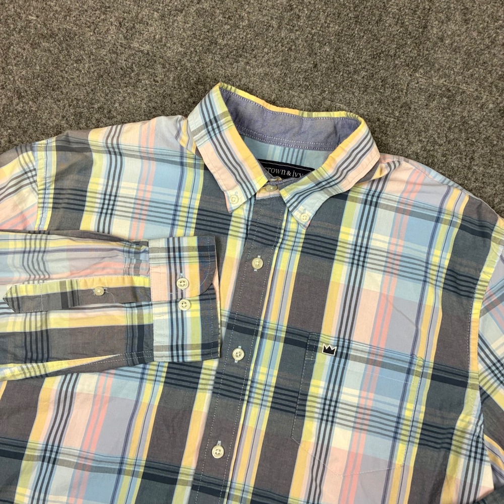 Crown & Ivy Mens Size Large Classic Fit Plaid Button Down Shirt Blue Yellow Pink